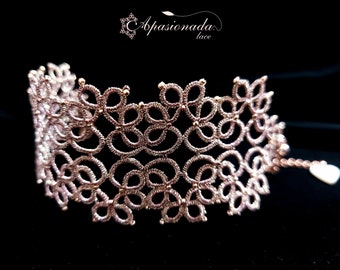 Rose gold Tatting lace bracelet, handmade with metallized, Unique handmade lace jewelry, Gift for woman and girl,Handmade gift, lace jewelry