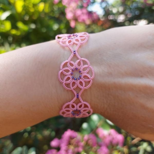 Pink Tatting bracelet, fine lace bracelet, handmade bracelet technique Tatting, Unique handmade gift for girl and woman,Romantic jewelry