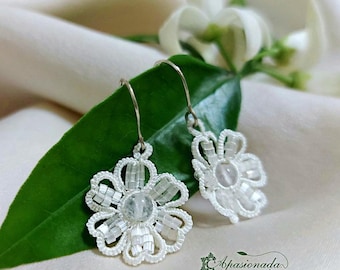 Pearl White Lace Flower Earrings with Rose Quartz & Delica Beads, Small 1.8cm Tatting Earrings, Lightweight Delicate Floral Gemstone Jewelry