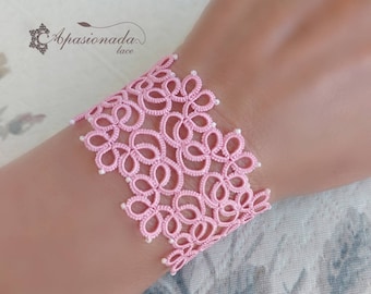 Pink Tatting bracelet, fine lace bracelet, handmade bracelet technique Tatting, Unique handmade gift for girl and woman,Romantic jewelry
