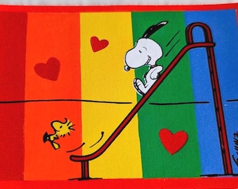 Unused Vintage SNOOPY Woodstock Playground SLIDE VALENTINE Greeting Card Peanuts Rainbow