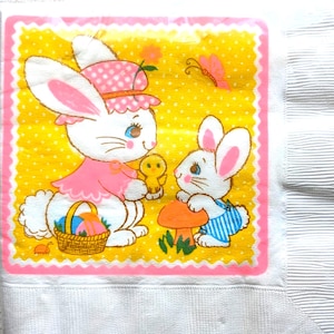May include: A package of white paper napkins featuring an Easter-themed illustration. The design includes two cartoon bunnies, one wearing a pink dress and hat, and the other in blue overalls. A yellow background with white polka dots and a pink border complete the design.