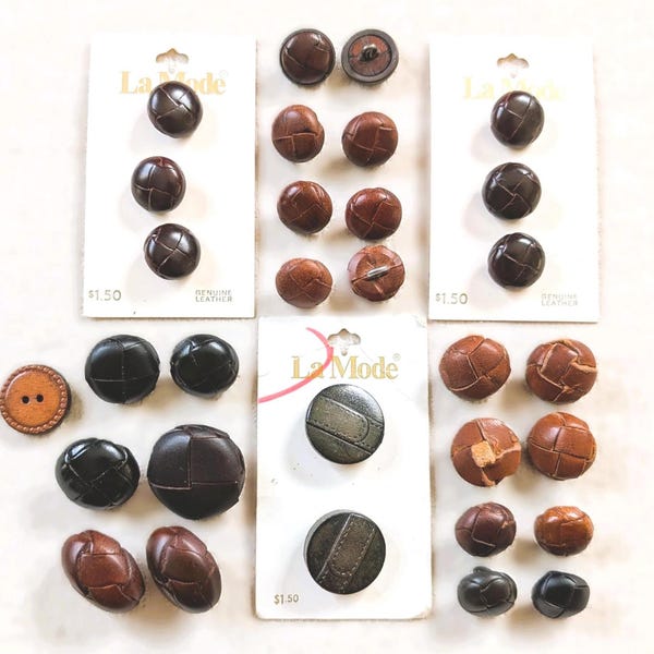 Vintage Genuine LEATHER Sewing Buttons Mixed Lot | Black Brown Green La Mode Knot Shank