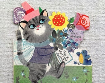 Unused Vintage CAT EASTER Bookmark Greeting Card | Grey Gray Kitten Pussy Cat Card | Flower Bouquet Pink Rose Blue Bird Card