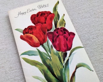 Unused Vintage EASTER Tulips Greeting Card | Red Orange Purple Flower Bouquet Card | French Fold Buzza Cardozo | For Uncle Family Relative