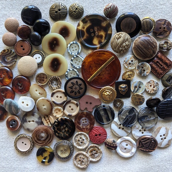 75 Vintage Animal Print Sewing BUTTONS Mixed Lot | Horn Leather Plastic Metal Fabric | Lion Faux Crocodile Tortoiseshell Stripes