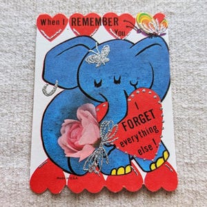 Unused Vintage Blue ELEPHANT Valentine Greeting Card | Butterfly Silver Glitter | When I Remember You I Forget Everything Else | Made in USA