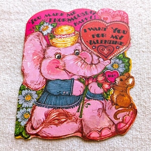 Unused Vintage ELEPHANT MOUSE VALENTINE Day Greeting Card 1978 Current Cards | Pink Elephant You Make Me EnorMOUSEly Happy | 4&quot; x 5&quot;