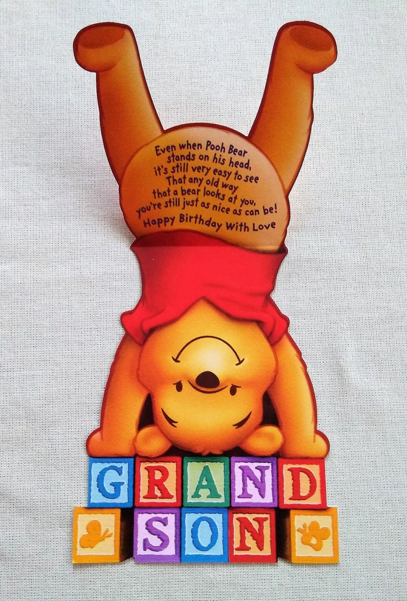 Disney Winnie The Pooh Greeting Card Unused Birthday Grandson Alphabet Abc Letter Blocks Headstand Handstand Hallmark