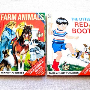 May include: Two vintage Rand McNally Start-Right Elf books titled Farm Animals and The Little Red Boot. The Farm Animals cover features a farmer, a child, and various animals. The Little Red Boot cover shows a child in a striped shirt and red boots.