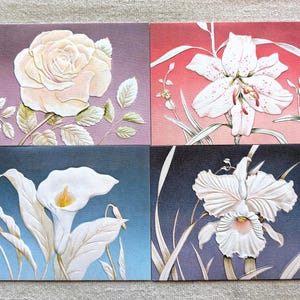 Set of 8 Unused Vintage Embossed FLOWER Greeting CARDS Get Well | Different Designs Calla Lily Iris Tiger Lily Rose | Embossed Regent Cards