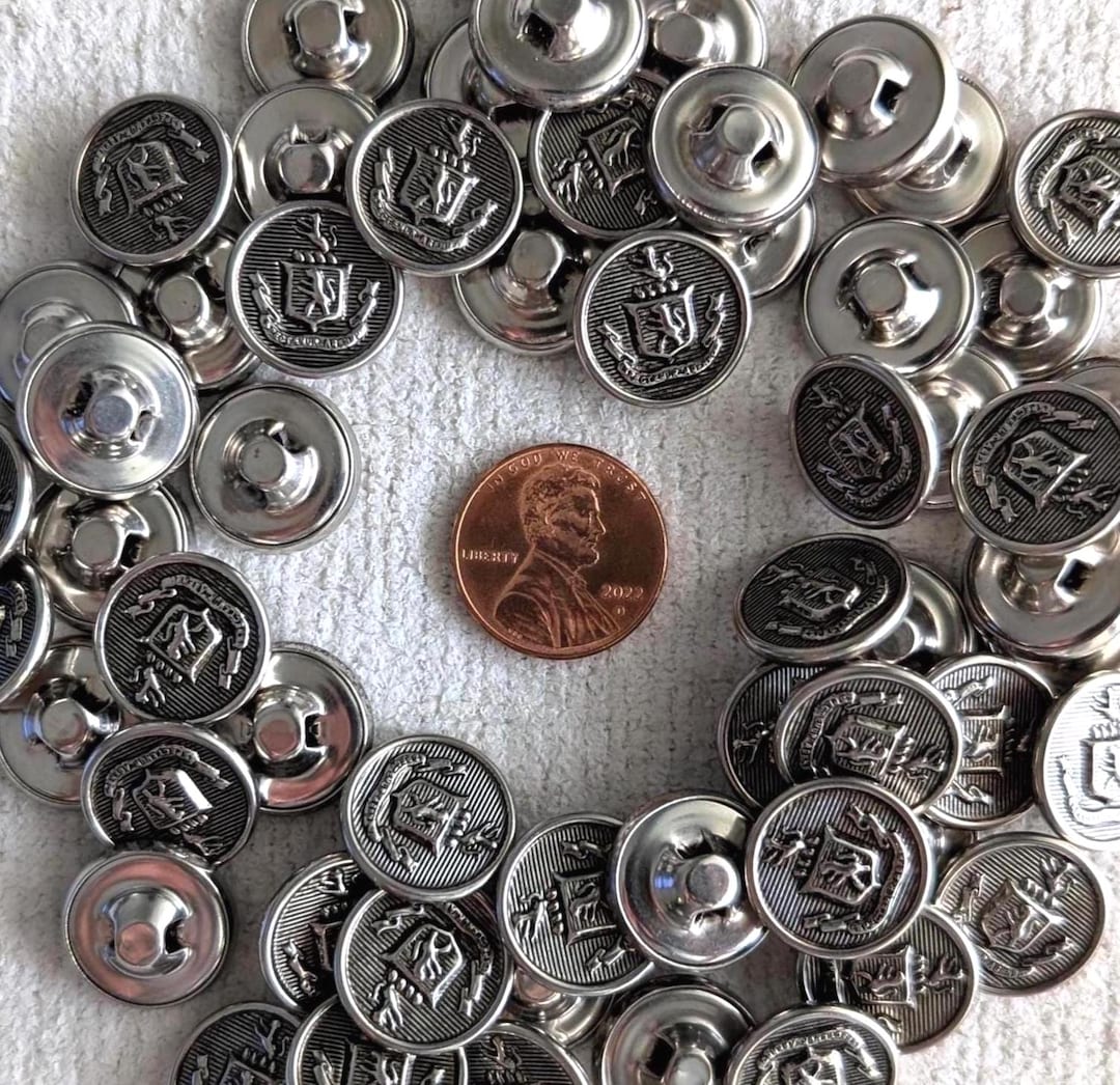 12 SILVER Shield Crest Metal Sewing BUTTONS | Striped Rimmed Round ...