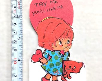 Unused Vintage Redhead GIRL KITTEN Valentine GALENTINE Greeting Card