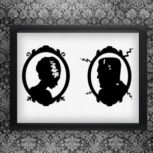 Gothic Frankenstein and Bride silhouettes, digital art printable/SVG -- Instant download