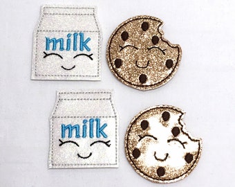 Feltie de leche, Felties de leche, Feltie de galletas, Felties de galletas, Felties de leche y galletas, Feltie bordado de alimentos, adorno de Feltie brillante