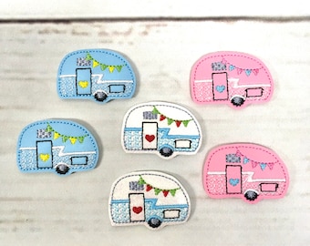 Campervilt, zomervilt, camperstrik midden, versiering glittervilt, viltappliqué, campingvilt, vilt badgehaspel, campervilt