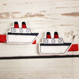 Cruise Ship Hair Bow, Boat Hair Bow, Boat Hair Clip, Toddler Hair Clip Set, Embroidered Hair Bow, Feltie Hair Clip, Pigtail Hair Clip Set
