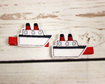 Cruise Ship Hair Bow, Boat Hair Bow, Boat Hair Clip, Toddler Hair Clip Set, Embroidered Hair Bow, Feltie Hair Clip, Pigtail Hair Clip Set