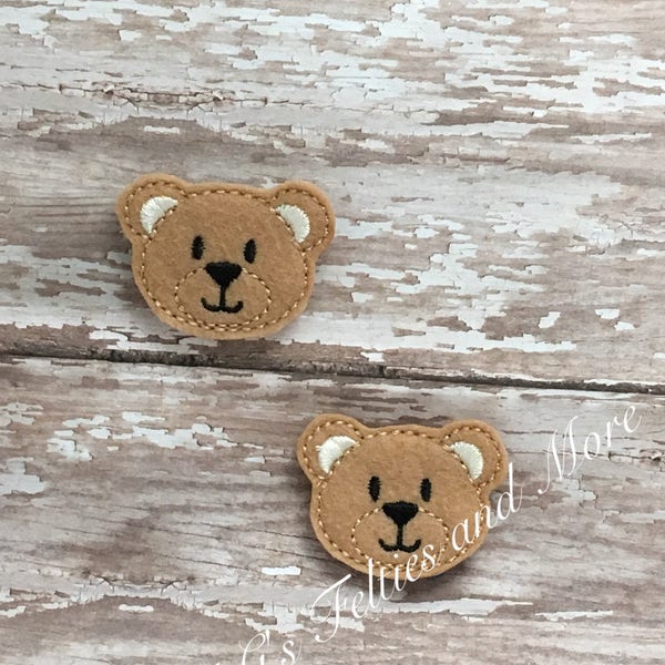 Teddy Bear Feltie, Bear Feltie, Set of 2, Embroidered Felt, Stuffed Teddy Bear, Cut Felties, Bow Center, Stuffed Animal, Felt Embellishment