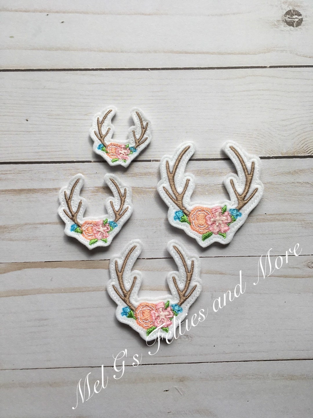 Antler Felties, Embroidered Felt, Felt Applique, Floral Antler Feltie, Flower Antler Feltie