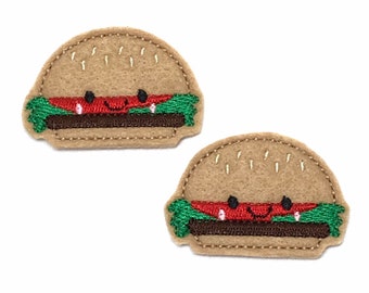 Hamburger Feltie, Hamburger Felties, Fast Food Feltie, Hamburger Felt Applique, Set of 2 Cut Felties, Embroidered Felt, Felt Embellishment