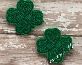 Four Leaf Clover Feltie, Shamrock Feltie, St. Patrick's Day Feltie, Set of 2, Embroidered Green Shamrock Felties, Cut Felties, Bow Center
