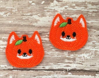 Pumpkin Feltie, Fox Felties, Fox Pumpkin Felties, Fall Felties, Set of 2, Embroidered Felt, Cut Felties, Fox Bow Center, Felt Embellishment