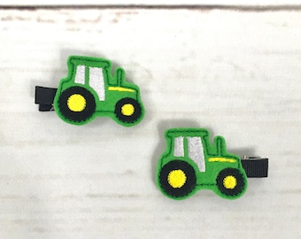 Clip de pelo de tractor, clips de pelo para niños pequeños, arco de pelo de tractor, arco de pelo bordado, clips de pelo de coleta, conjunto de clips de pelo, accesorios para el cabello, verde