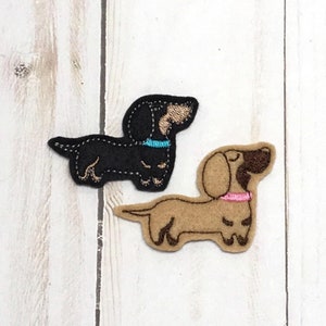 Dachshund Feltie, Weiner Dog Feltie, Dog Feltie, Animal Feltie, Dog Felt Applique, Dachshund Hair Bow Center, Set of 2 Embroidered Felties