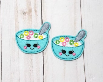 Feltie de cereales, Felties de cereales, Felties de desayuno, Feltie de comida, Fieltro bordado, Adorno de Feltie, Centro de lazo para el cabello, Feltie con carrete de insignia