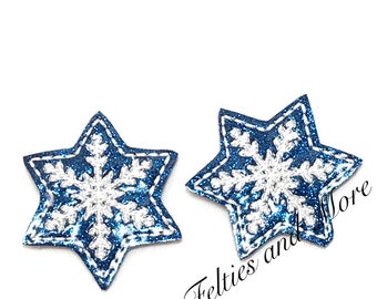 Snowflake Feltie, Snowflake Star Embroidered Feltie, Set of 2, Winter Snowflake Felties, Glitter Snowflake Feltie, Christmas Feltie