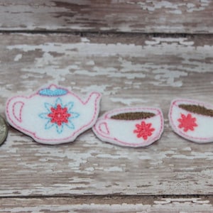 Set da tè Feltie, teiera Feltie, tazza da tè Feltie, feltro ricamato, feltro tagliato, feltri per il tempo libero, set da tè Feltie, centro fiocco per capelli