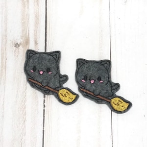 Cat Feltie, Halloween Feltie, Broom Felties, Cat On Broom Feltie, Halloween Hair Bow Center, Fall Feltie,  Embroidered Set of 2 Cut Felties
