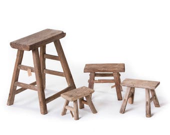 Beautiful set of weathered wooden stool and small workman's stool(s).