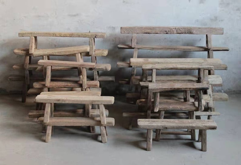 Antike chinesische kleine Holzbank Alte einzigartige Holzbank verwittertes Vintage-Holz Bild 5