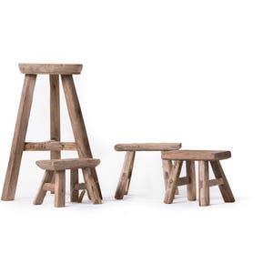 Beautiful set of weathered round wooden stool and small workman&#39;s stool(s).