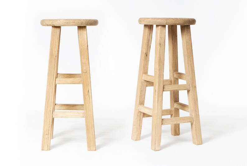 Set Of 2 Round Chinese Wooden Barstools Newly Handmade From Old Elmwood