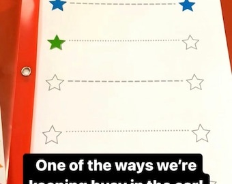 May include: A white sheet of paper with the text "TRACE THE LINES THEN PLACE STICKERS ON TOP" at the top. There are four lines with stars at the beginning and end of each line. The stars are blue, green, white, and white. The text "One of the ways we're keeping busy in the car!" is written in black at the bottom of the page. The text "@Little.Ones.Learn www.prettylittlethingsto.ca" is written in black below the previous text.