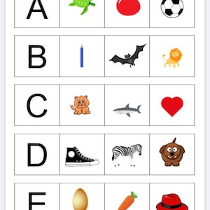May include: A worksheet with five rows of images. Each row starts with a letter of the alphabet, followed by three images. The images include a turtle, apple, soccer ball, pencil, bat, lion, cat, shark, heart, sneaker, zebra, dog, egg, carrot, and a red hat.
