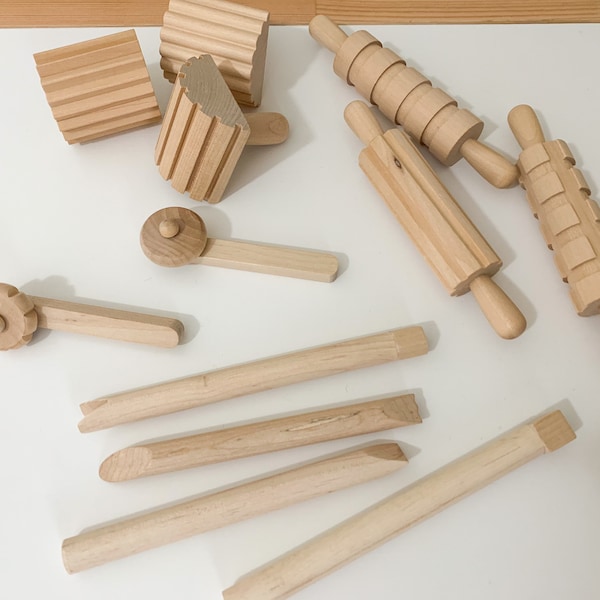 Wooden Playdough Tools - Playdough and Sand Roller - Wooden Rolling Pin - Wooden Stamps