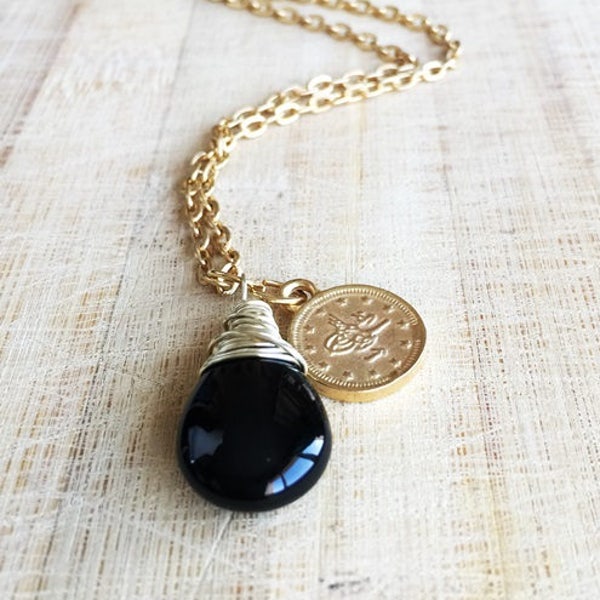 Black Onyx Necklace, Gold Chain Onyx Drop Necklace, Drop Necklace, Gold Wİre Wrapped Onyx Necklace, Onyx Pendant, Gold Coin Necklace