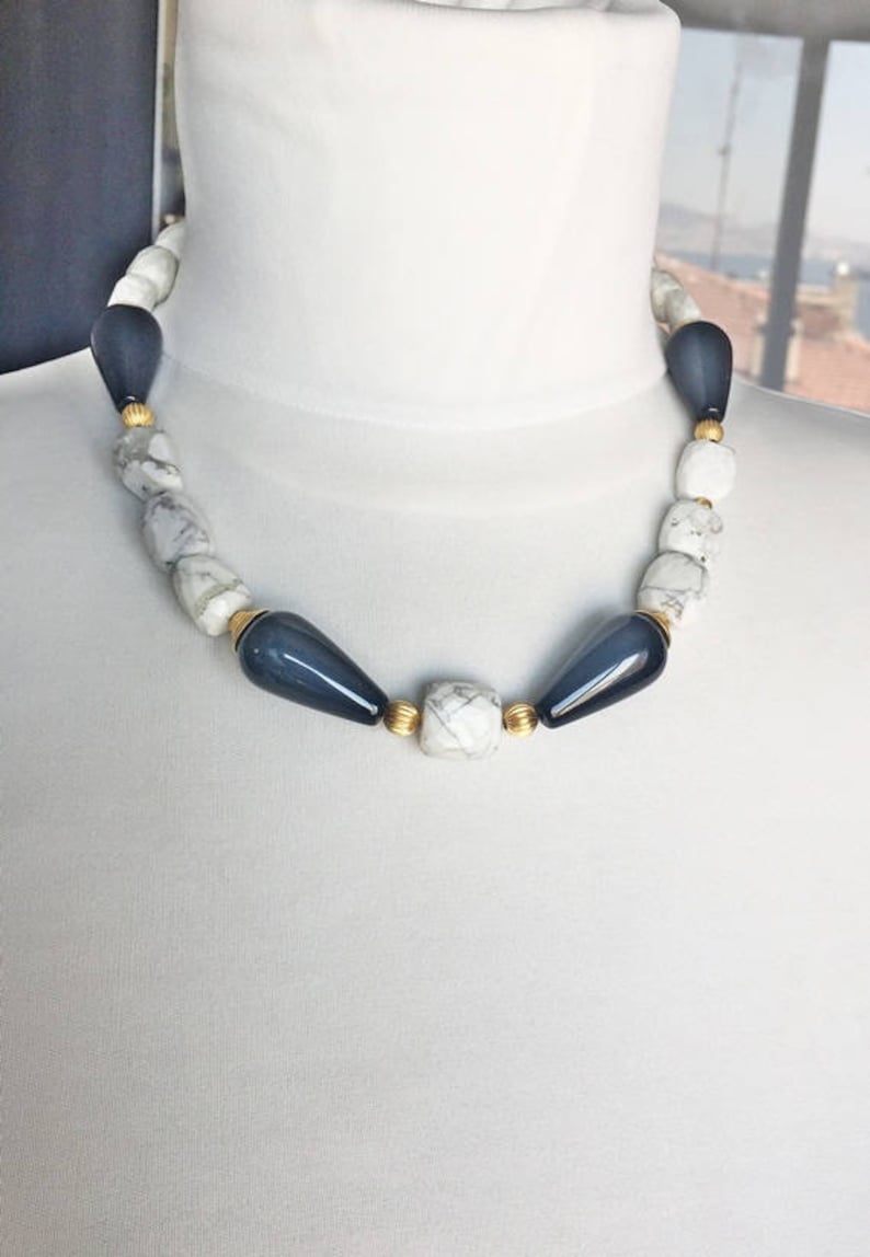 Onyx and Howlite Stone Necklaces Black and White Stone Necklace, Necklace Reserve for Mrs.Bretzlaff-!!