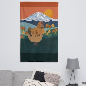 Mount Rainier Hen - flag - large wall art - indoor - outdoor - tapestry - backyard chickens - chicken art