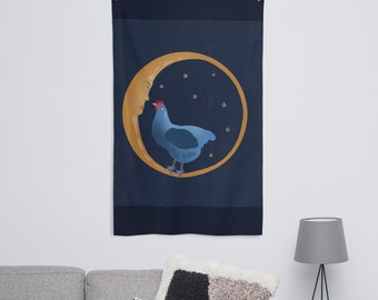 Moon and hen - flag - large wall art - indoor - outdoor - tapestry - backyard chickens - chicken art