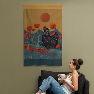 Poppy Hen - flag - large wall art - indoor - outdoor - tapestry - backyard chickens - chicken art