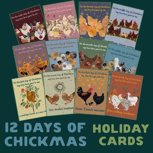 Papeterie - DOUZE JOURS DE CHICKMAS - cartes de vœux vierges - oeuvre d'art de poulet - Noël - amateur de poulet - cadeaux de poulet