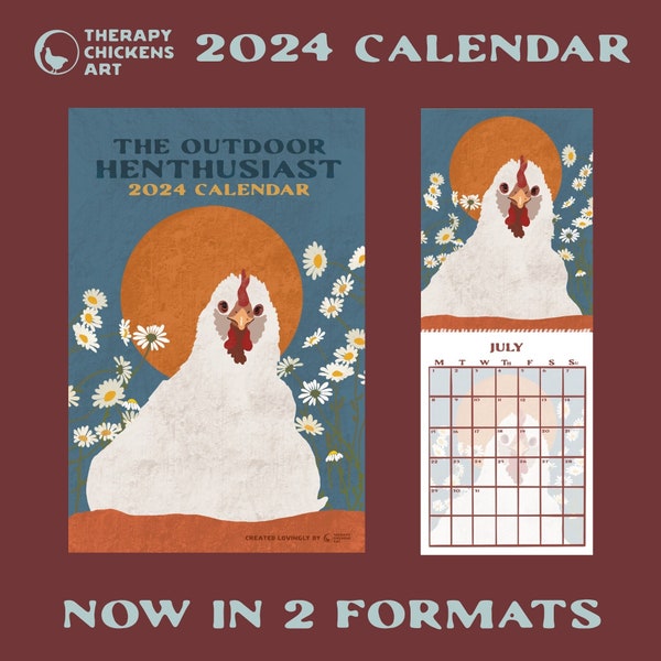 2024 Wall Calendar - HENS & NATURE - high quality - writable - planner - backyard chicken lovers - artsy - folk - bird art - gifts