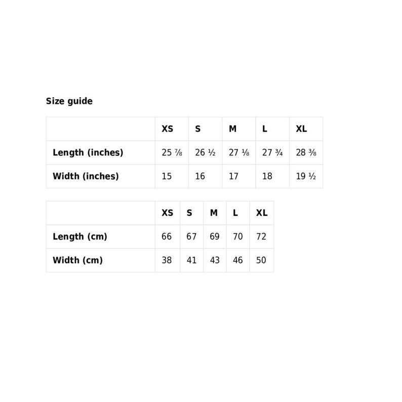 May include: Size guide chart for clothing with measurements in inches and centimeters. The chart shows the measurements for XS, S, M, L, and XL sizes. The measurements include length and width.