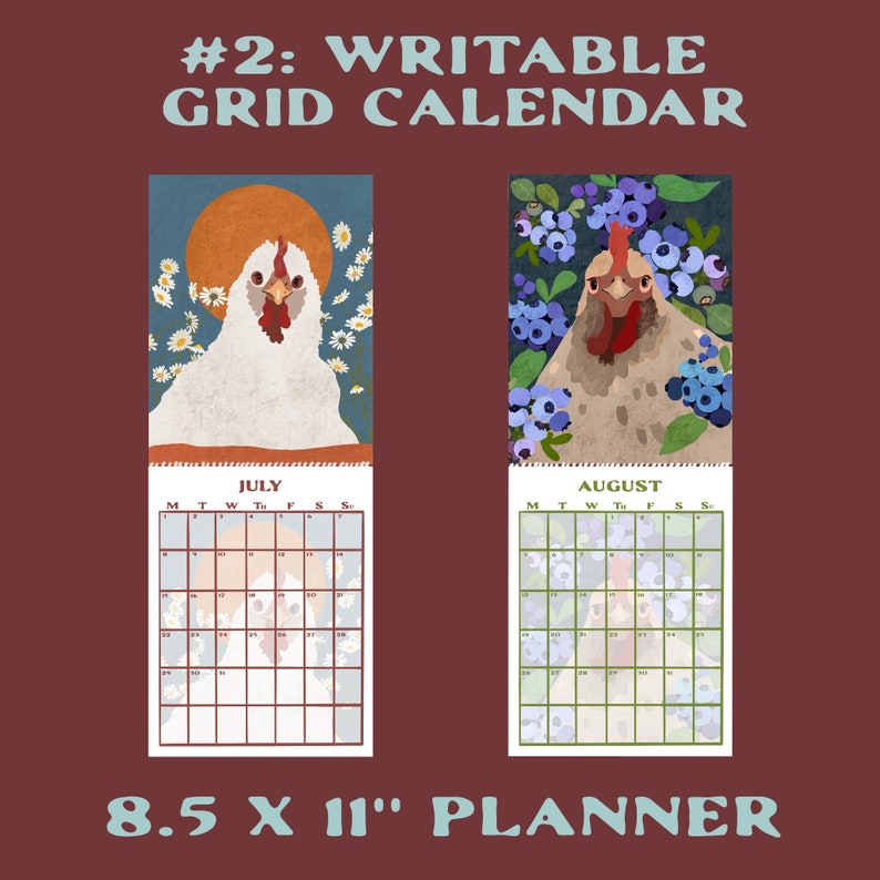 2024 Wall Calendar HENS & NATURE high quality writable planner backyard chicken lovers artsy folk bird art gifts Writeable Grid Style