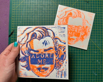 Square Linoprint Reduction - 'Adore Me' - Blue and Orange